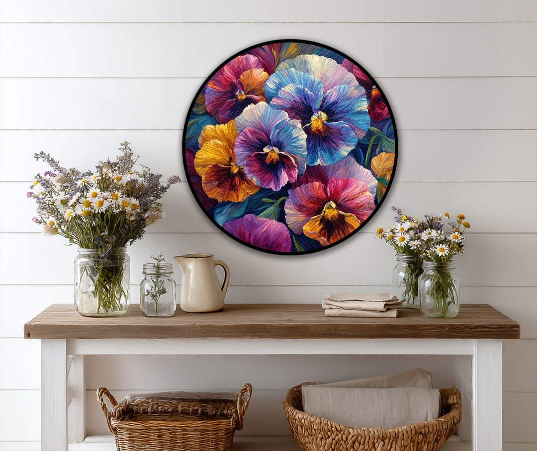 Illustrating the layering effect, this round oil painting reproduction print captures vibrant pansy blooms in a dense, textural composition.