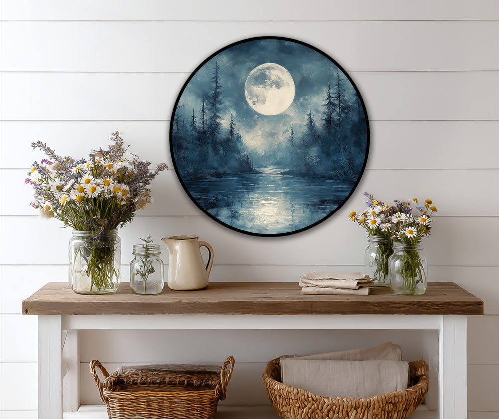 High color saturation enhances the mystical forest night in this round oil painting art piece, featuring a vivid moonlit landscape.