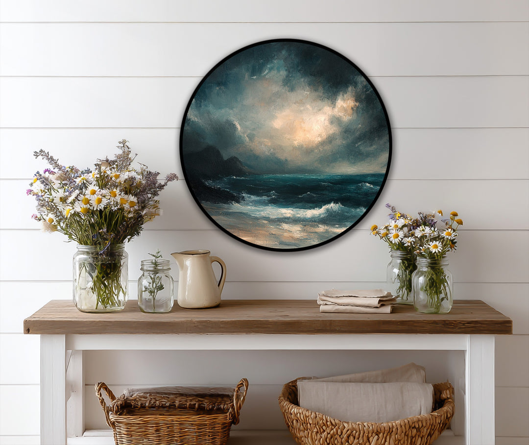 Crashing waves and swirling clouds convey dynamic movement in this Tempest Horizon dramatic seascape round oil painting wall art.