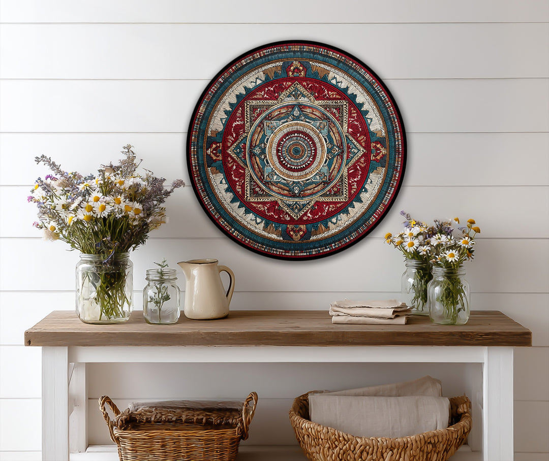 Transitional shades of vibrant red, blue, and gold define this ornate geometric mandala round oil painting art prints, highlighting the symmetry within its intricate design.
