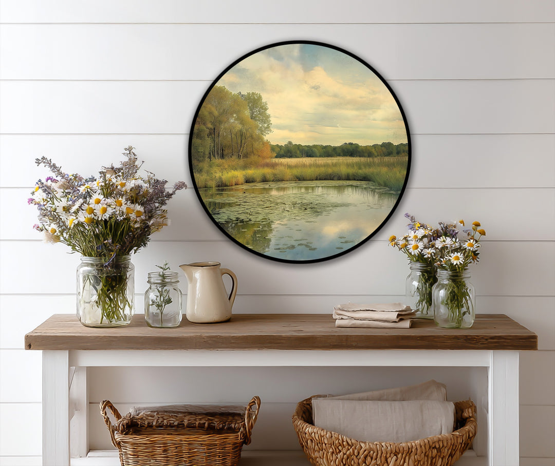 Reflejo de la pradera dorada: paisaje tranquilo Cuadro al óleo