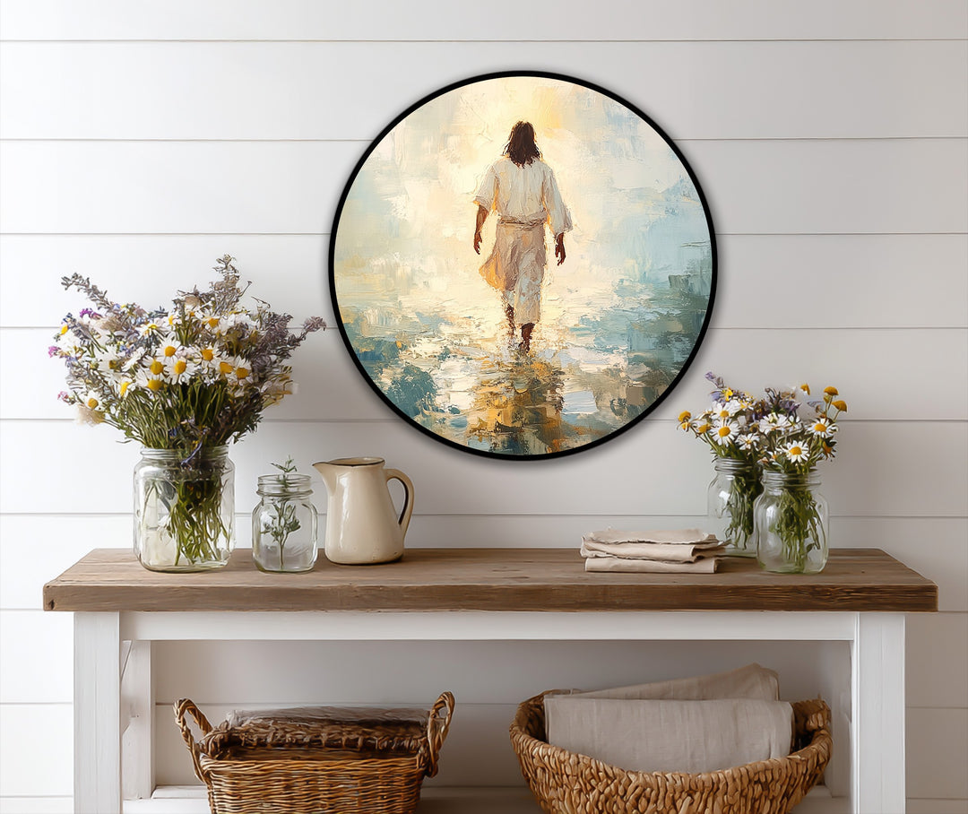 Blank space surrounding the round oil painting wall art creates a minimalist presentation of a figure walking into the light in this serene faith journey oil painting.