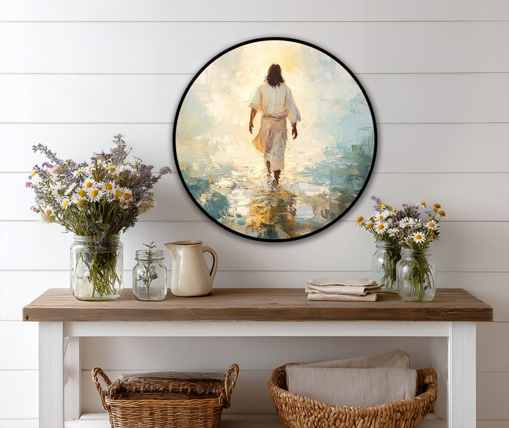 Blank space surrounding the round oil painting wall art creates a minimalist presentation of a figure walking into the light in this serene faith journey oil painting.