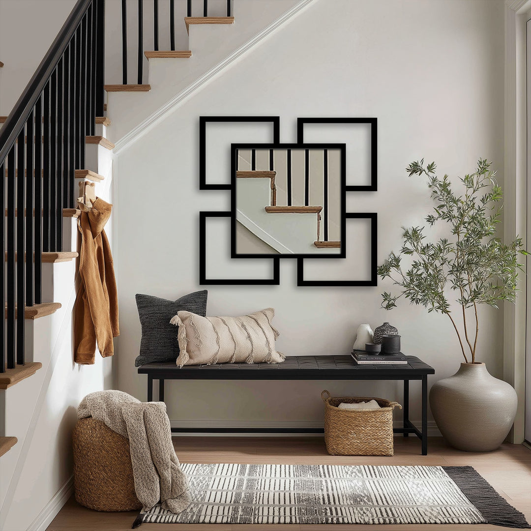 High color contrast highlights the Quadra Flow contemporary square wall mirror for wall decor, enhancing its bold geometric design in a modern entryway.