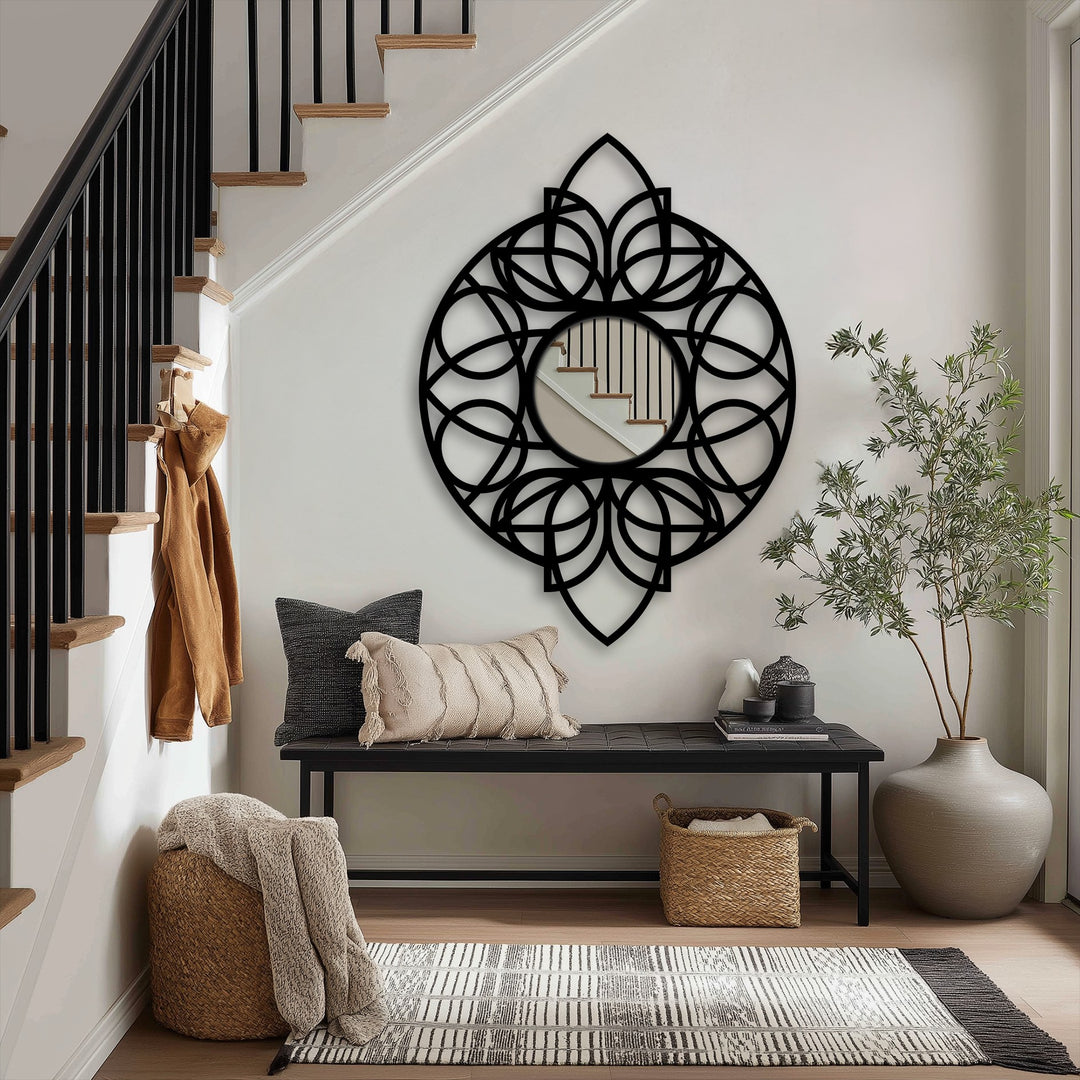 The stillness of the circular mandala black metal floor mirror as decoration wall art brings a meditative focal point to this serene entryway.