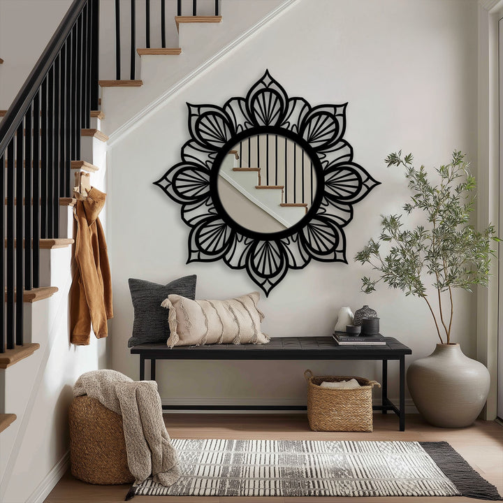 Black tones define this mandala floral round mirror for wall decor, highlighting the metal art for wall in a symmetrically elegant design.
