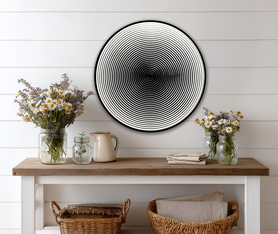 Hypnotic Lines – Minimalist Round Wooden Oil Painting Wall Art