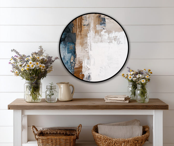 Finely crafted textured abstract round oil painting home decor, showcasing the rich impasto technique and high-quality oil paints in earthy browns, creams, and blues.