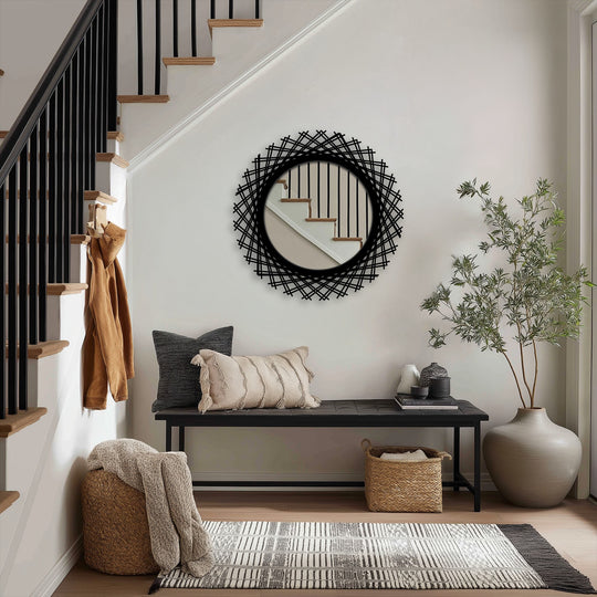 Horizontally oriented, the round stained glass wall mirror features a layered line design, offering modern, geometric mirror wall decor.