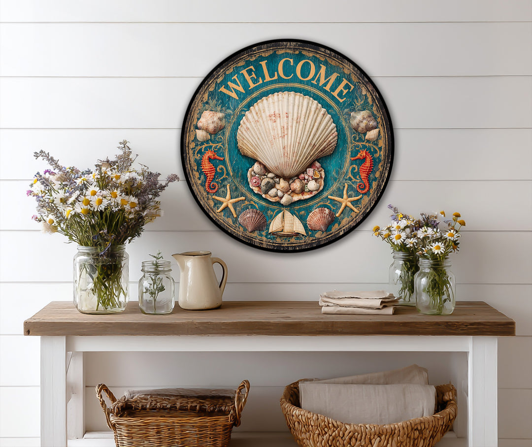 Alternating seahorses, seashells, and starfish create a pleasing visual rhythm within this vintage coastal welcome shell round oil painting art prints.