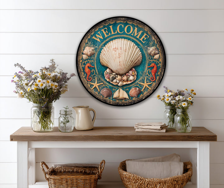 Alternating seahorses, seashells, and starfish create a pleasing visual rhythm within this vintage coastal welcome shell round oil painting art prints.