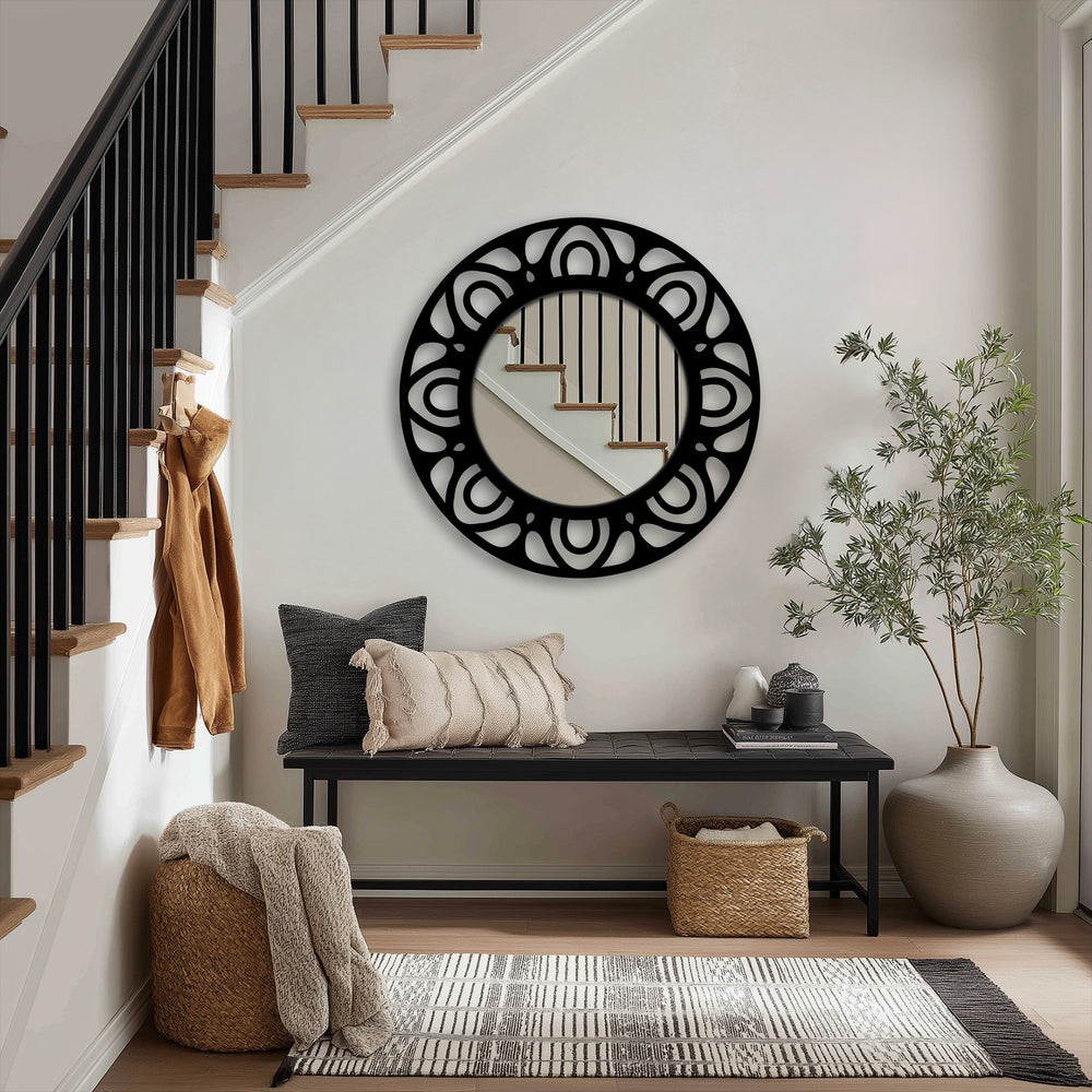 Layered reflections in this modern pattern ring floor mirror create a sense of depth with its circular design and ornate details, resembling stained glass wall mirror art.