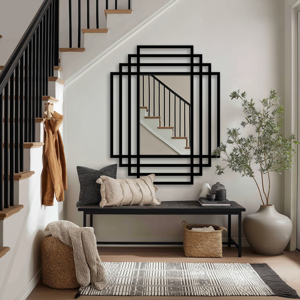 Architectural symmetry grid frame on a modern floor mirror creates a bold, decorative metal art statement, enhancing the entryway with its unique, layered design.