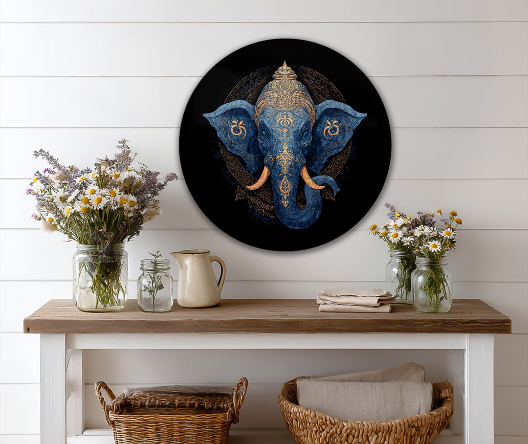 The stillness of the divine indigo majesty elephant radiates from the modern oil painting art, a sacred roundel of exquisite gold detailing.
