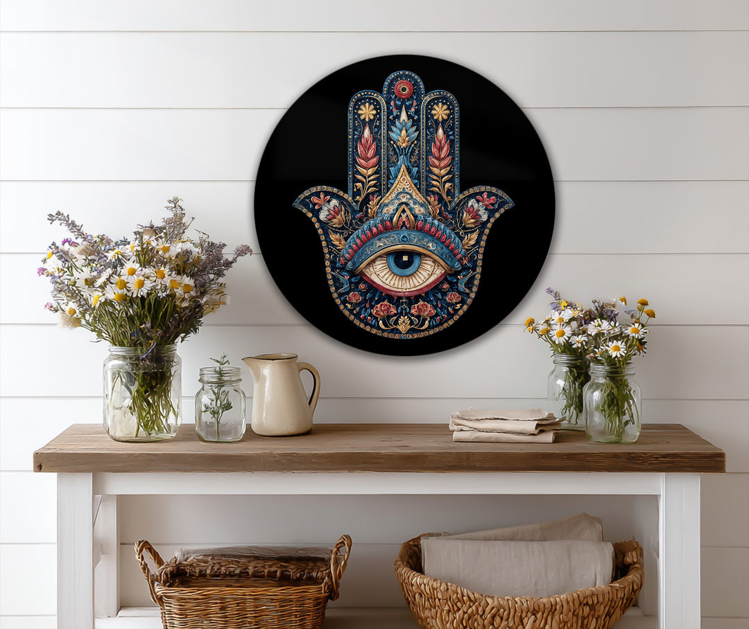 Ethereal oil painting art prints highlight the flowing, organic forms of an ornate Hamsa hand with a protective eye, accented by botanical details and swirling patterns.