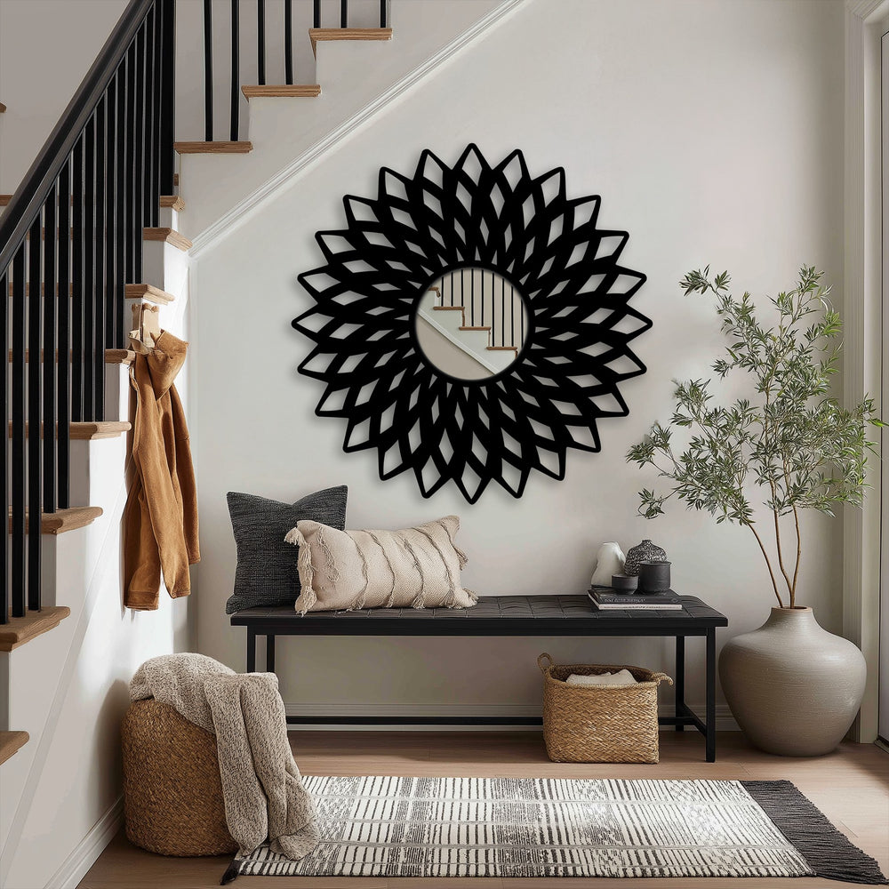 The darkest area defines the striking geometric flower floor mirror with its black metal art for wall frame, adding depth and modern style to the space.