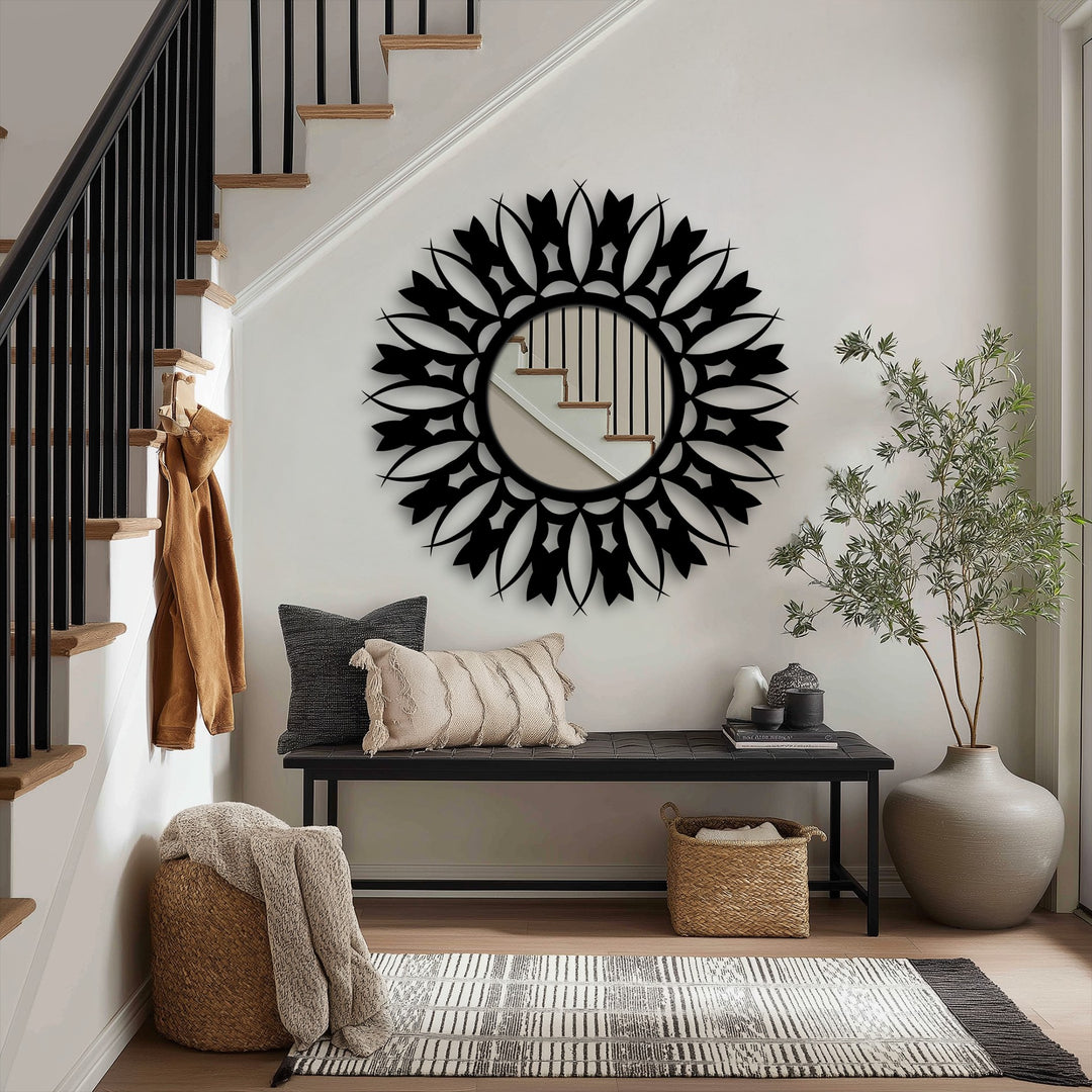 Evoking a welcoming mood, the floral sunburst mirror with its black frame adds depth while decorating with wall mirrors, complementing the serene and stylish hallway decor.