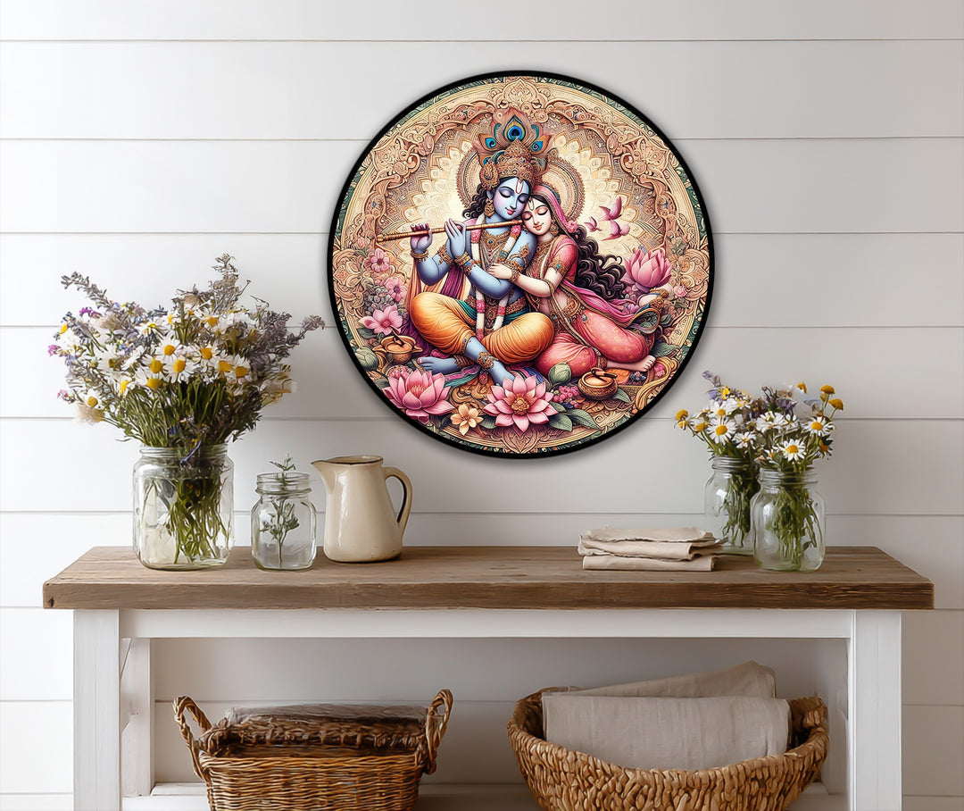 Intertwined forms of lotus blossoms and stylized birds accent this oil painting reproduction print depicting Radha and Krishna in an eternal embrace.