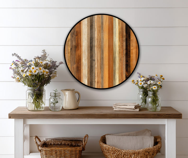 Foreground jars of daisies and lavender enhance the natural rhythm of this vertical wood grain round oil painting home decor, displayed on a wooden table.