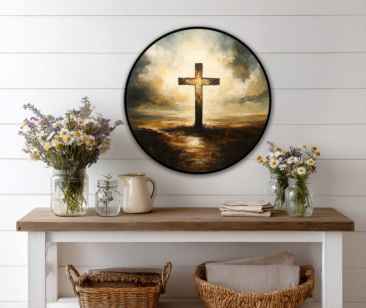 Rustic mason jars holding wildflowers flank a ceramic pitcher on a wooden shelf, setting a homey stage for the round beacon of salvation oil painting wall art.