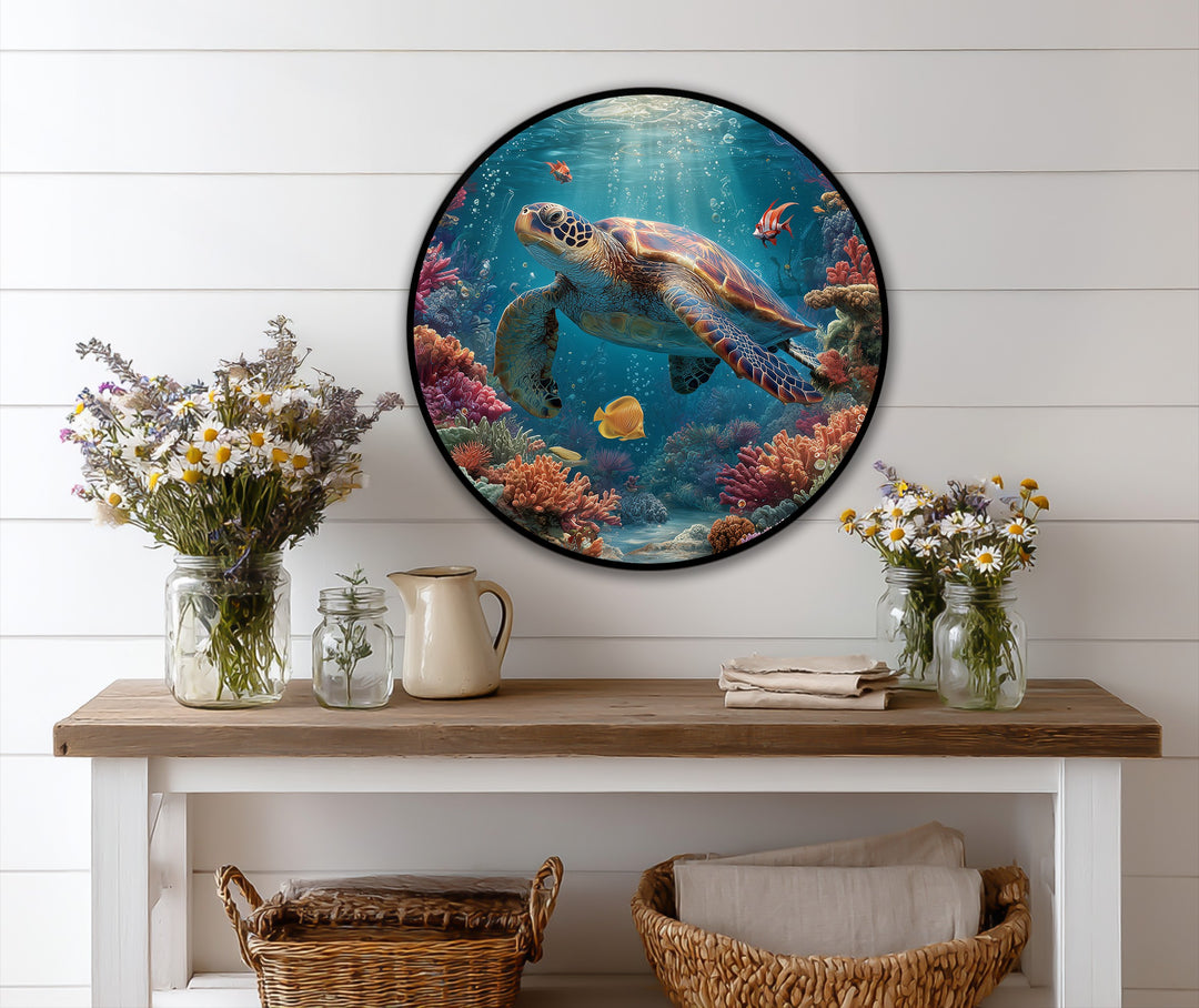 Mason jars brimming with wildflowers and a vintage pitcher sit in the foreground, complementing the graceful sea turtle round oil painting wall art above.