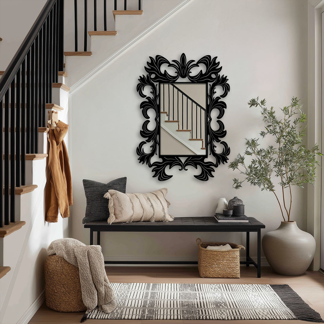The ornate baroque frame creates a dynamic visual rhythm around the reflected stairs in this stunning metal artwork, enhancing the feeling of ascent and descent.