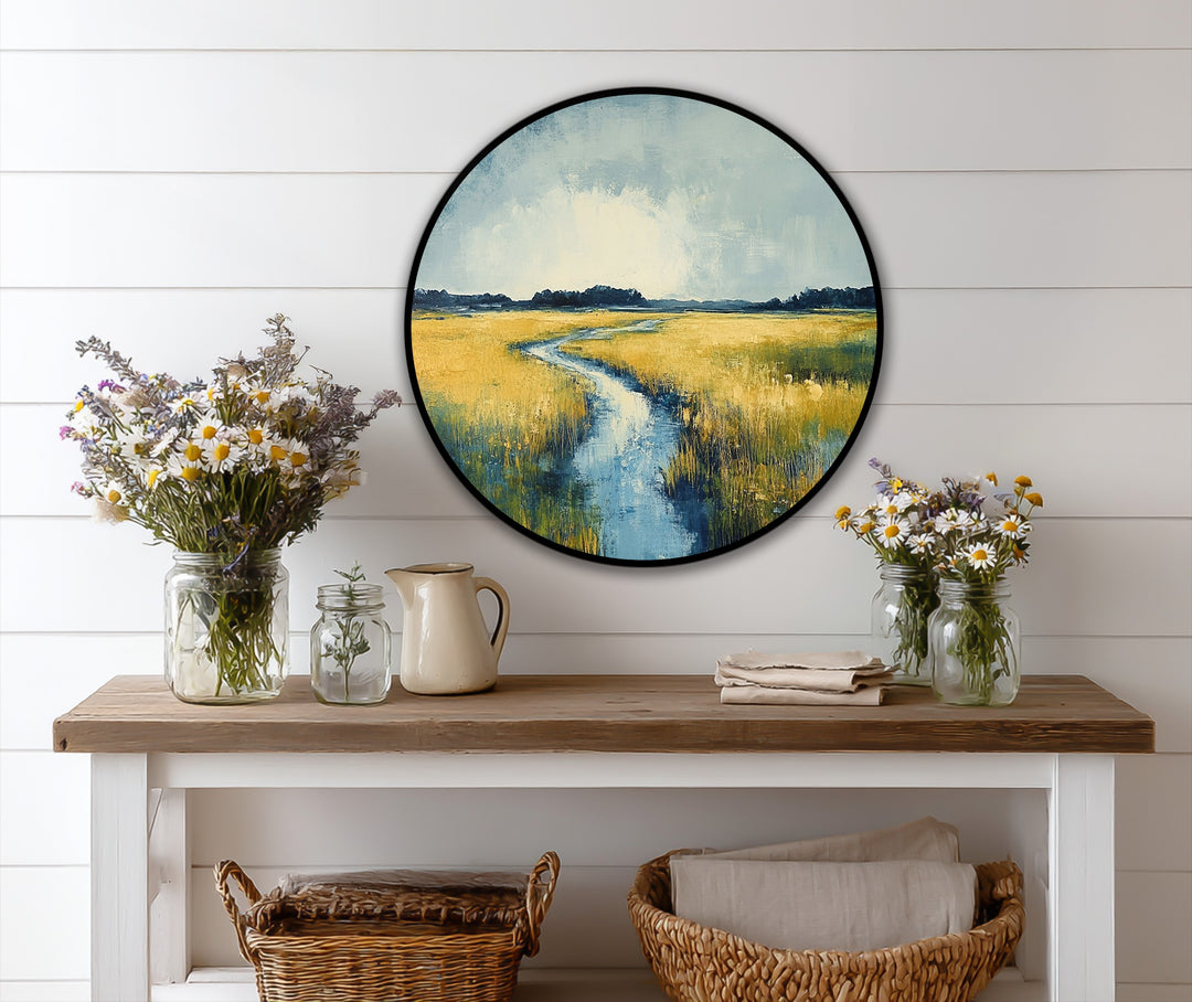 The stillness of a painted horizon captures the golden meadow river in this round oil painting reproduction print, offering a peaceful, circular landscape.