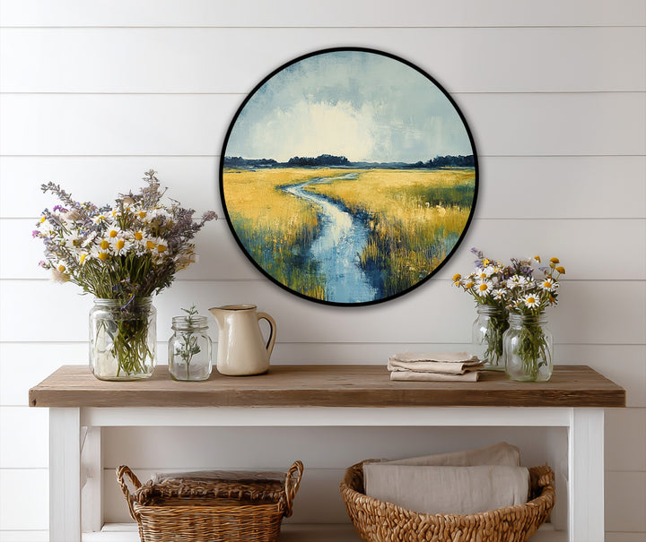 The stillness of a painted horizon captures the golden meadow river in this round oil painting reproduction print, offering a peaceful, circular landscape.