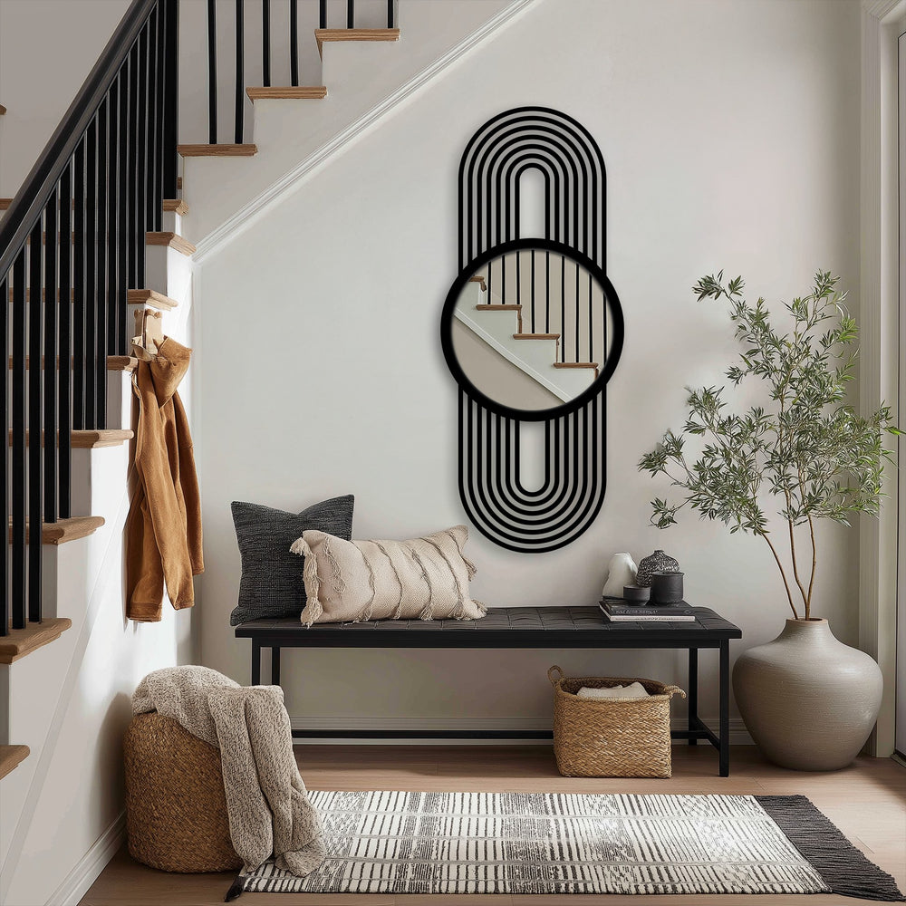 With understated color saturation, the modern arch line floor mirror's circular reflective surface and matte black metal artwork frame create an eye-catching focal point.