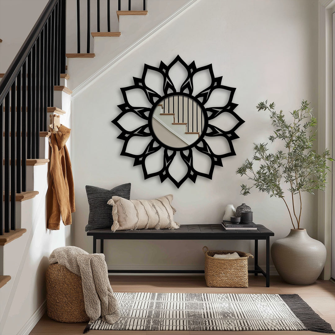 Welcoming and warm, this hallway scene showcases a black framed lotus floor mirror radiating a sense of style with its modern wall mirrors.