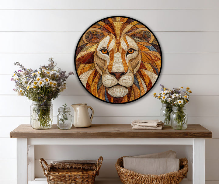 Visual rhythm is achieved through the tessellated effect and golden hues of this round oil painting wall art depicting a mosaic lion portrait.