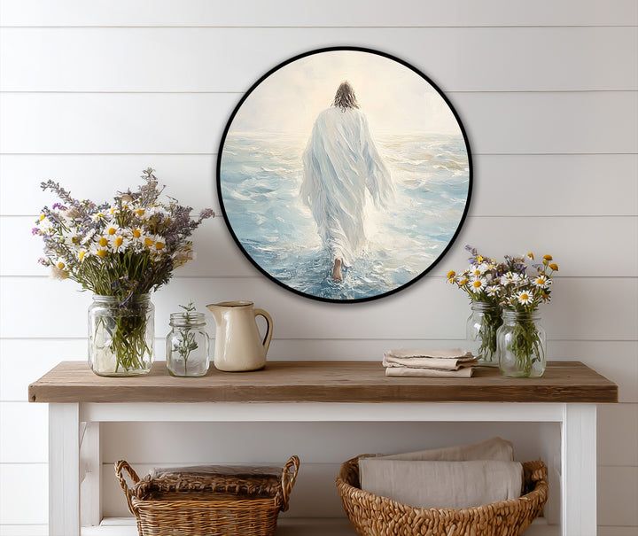 Warm color temperatures highlight the inspiring 'Walk Upon the Waters' oil painting art prints, enhancing the sunrise scene and serene, faith-filled ambiance.