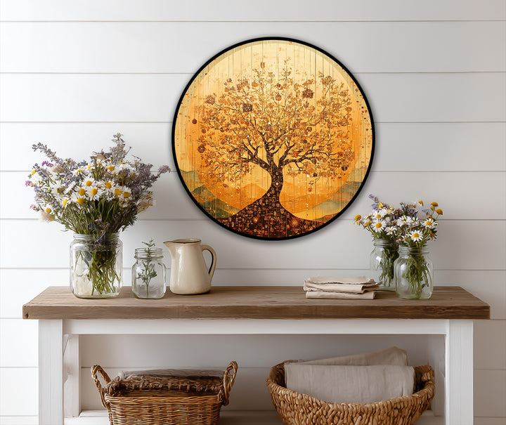 Displayed at the focal point, the round 'Eternal Radiance – Golden Tree of Life Oil Painting' showcases modern oil painting art with radiant sunset tones, symbolizing growth and abundance.