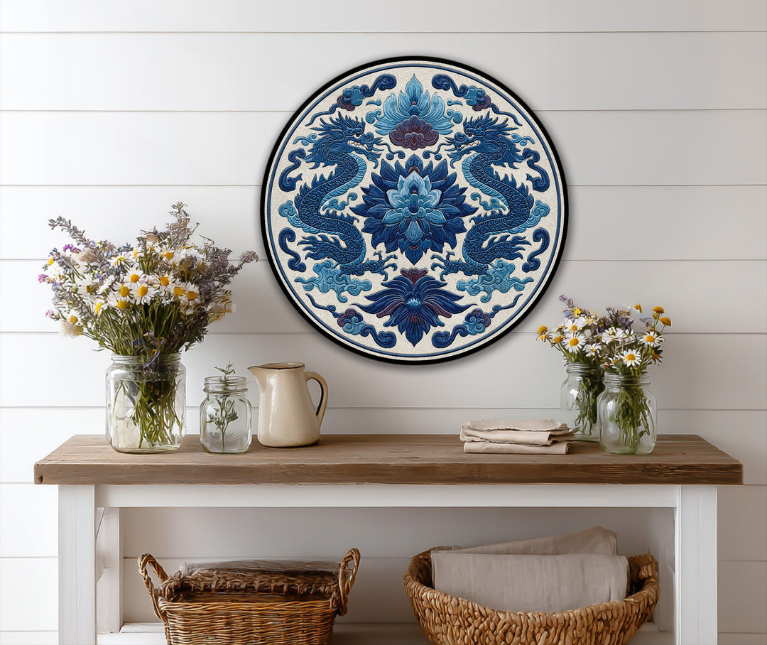 Royal Blue Twin Dragons Round Oil Painting