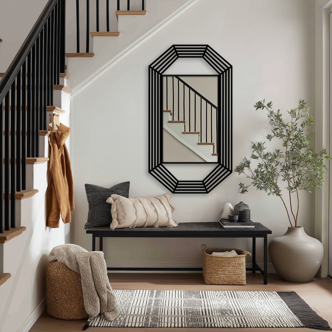 Welcoming entryway mood showcases an octagonal line frame floor mirror, its black metal design reflecting light and exuding a sense of refined decoration wall art.