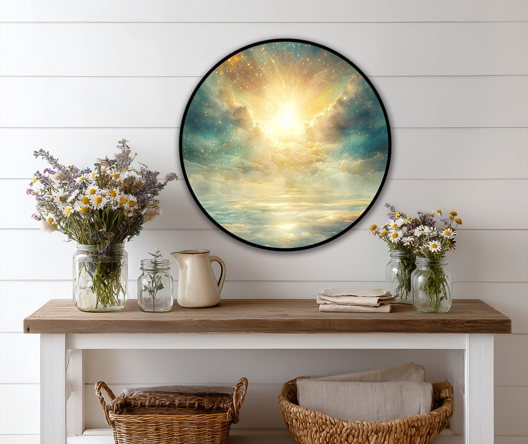 With depth and layers, this celestial radiance round oil painting showcases a divine sky with glowing clouds, reflecting the beauty of oil painting art prints.