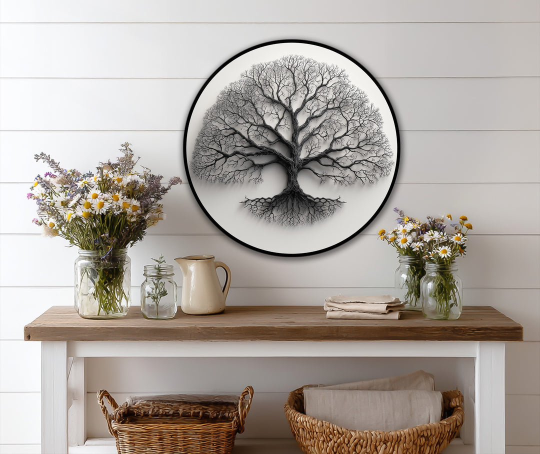 Expertly crafted oil painting artwork shows a minimalist monochrome tree silhouette with a fine, smooth, circular presentation of the materials.