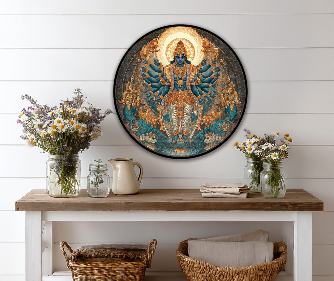 Horizontal round orientation showcasing a divine balance multi-armed deity oil painting artwork with vibrant gold and turquoise tones.
