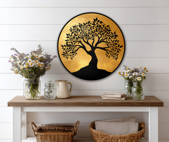 Emanating organic forms, the golden tree silhouette round oil painting home decor is showcased as a harmonious confluence of natural lines and warm, balanced aesthetics.