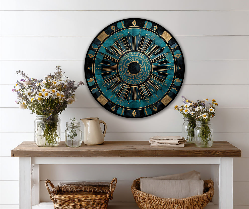 Vast negative space surrounds the radiant teal and gold mandala, an eye-catching oil painting reproduction print with intricate geometric details.