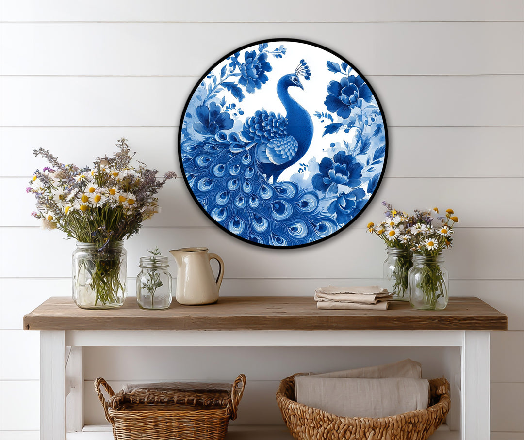 The focal point captures the exquisite details of the Indigo Peacock Among Blossoms round oil painting, showcasing vibrant oil painting art prints with its elegant floral design.