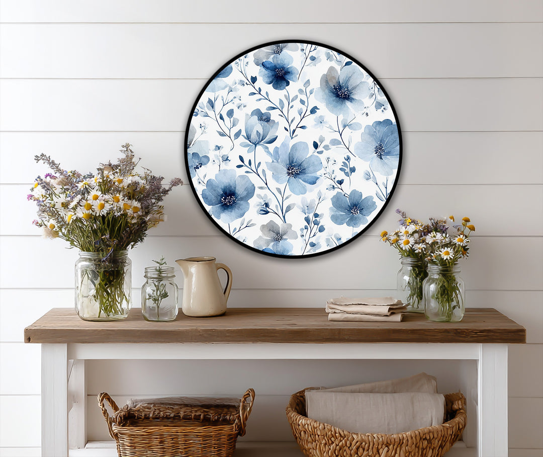 Dramatic color contrast highlights the soft blue hues within the botanical pattern of this round oil painting, a captivating piece of oil painting art prints.