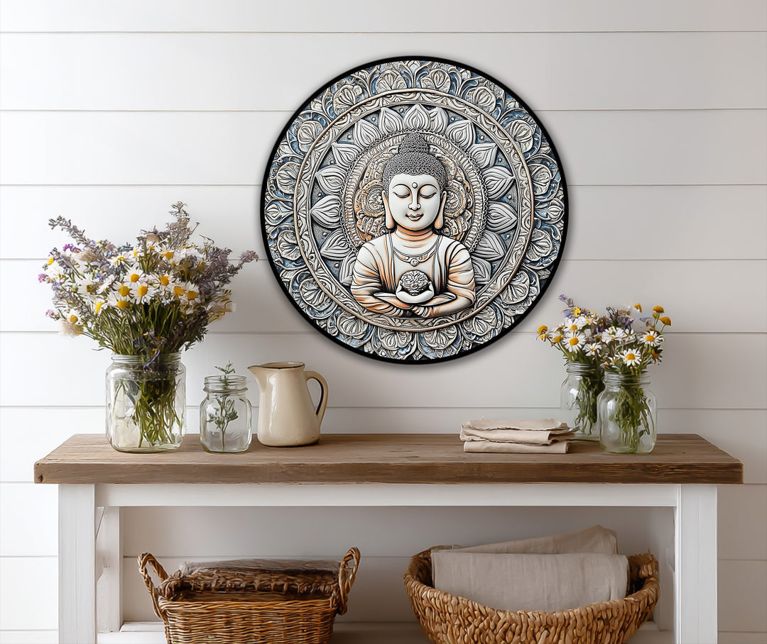 Meditative mandala Buddha round showcases fine details and bold colors, revealing this beautiful oil painting wall art as the loudest element on display.