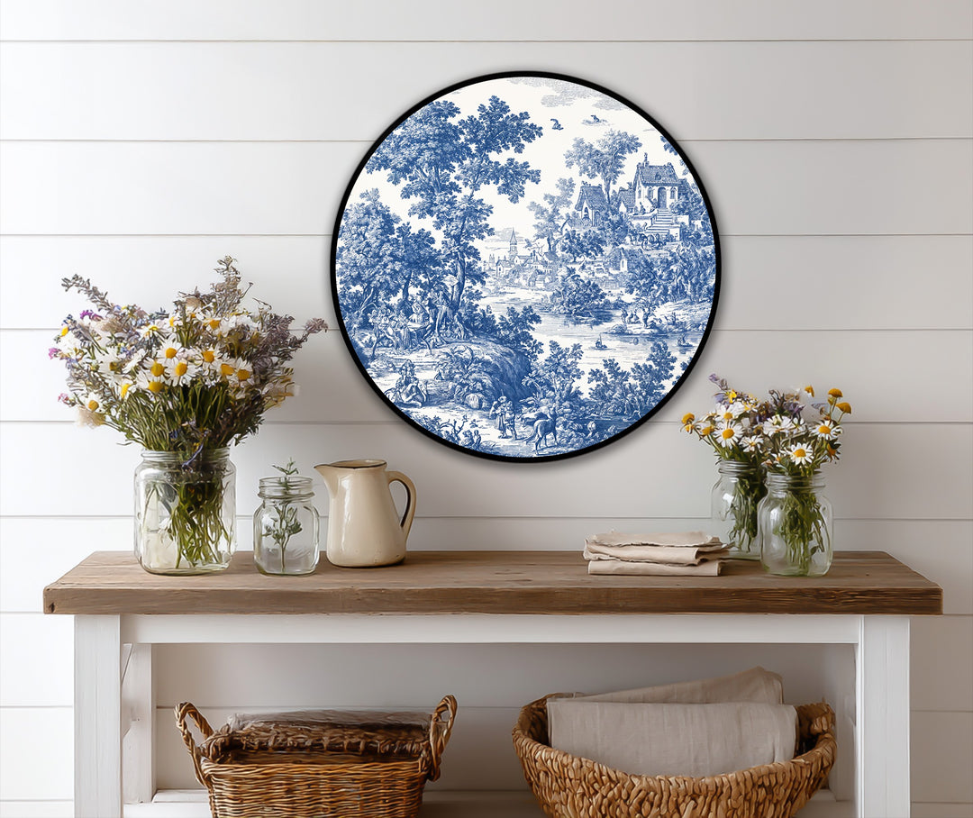 Toile azul clásico campestre – Redondo Cuadro al óleo
