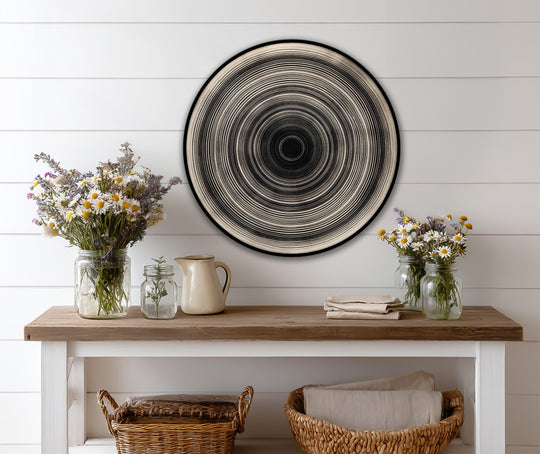 The deepest part of the minimalist Monochrome Pulse round wooden oil painting wall art centers the eye as a mesmerizing focal point in this artistic oil painting wall art.