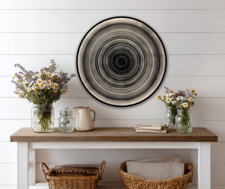 The deepest part of the minimalist Monochrome Pulse round wooden oil painting wall art centers the eye as a mesmerizing focal point in this artistic oil painting wall art.