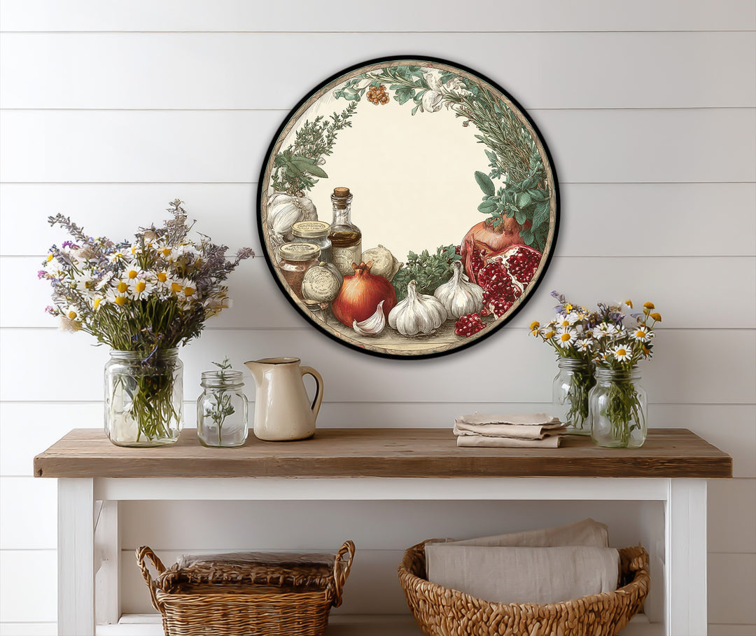 Circular, horizontally-oriented rustic kitchen harvest still life presents a Mediterranean oil painting decoration.