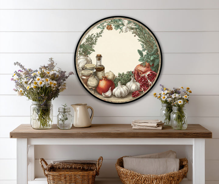 Circular, horizontally-oriented rustic kitchen harvest still life presents a Mediterranean oil painting decoration.