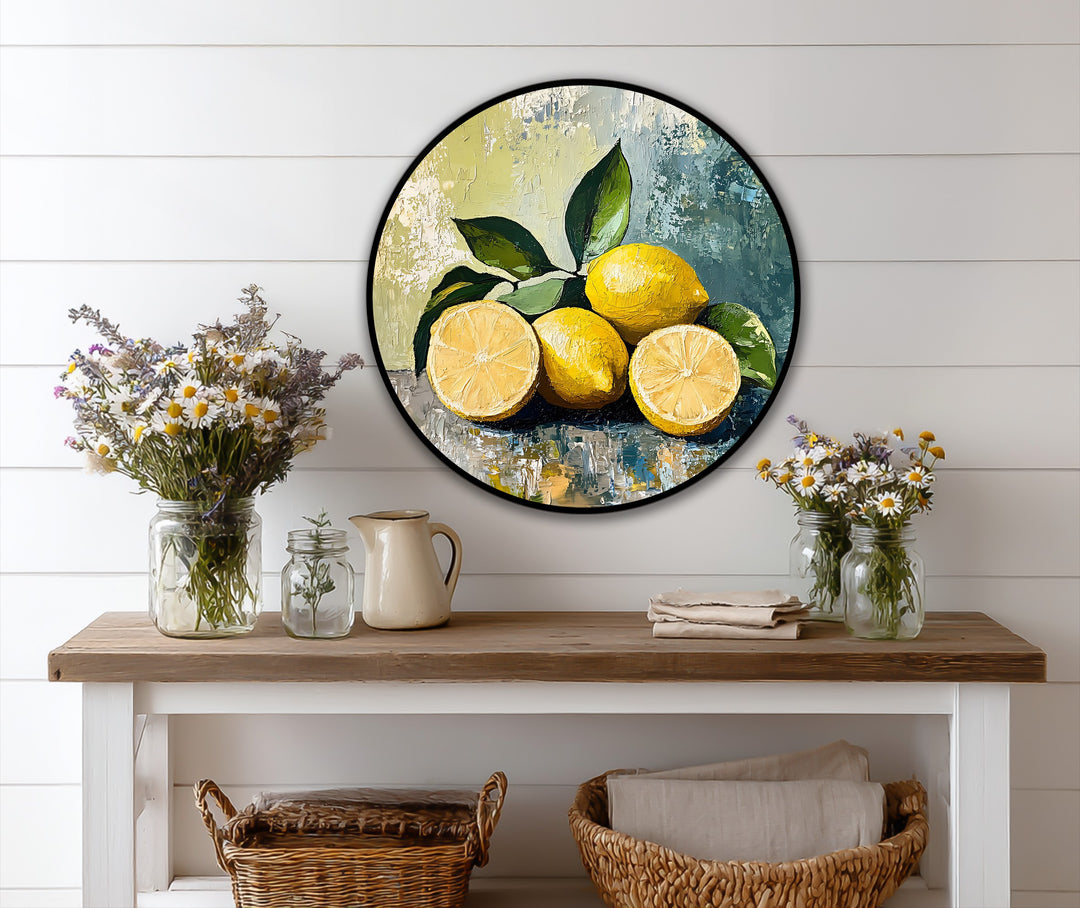 Brightest lemon halves illuminate this fresh lemon still life oil painting, offering vibrant oil painting decoration on a round canvas.