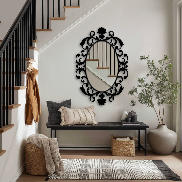 Vertically oriented, oval royal baroque scrollwork floor mirror presents a unique opportunity for decorating with wall mirrors in an entryway setting.